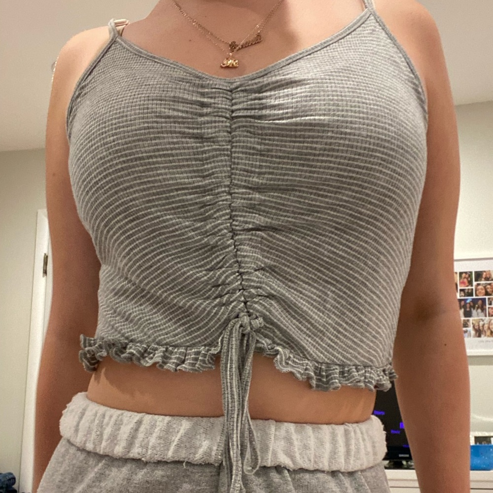 Grey and White Striped, Adjustable, Rouged Crop Tank🤍🖤